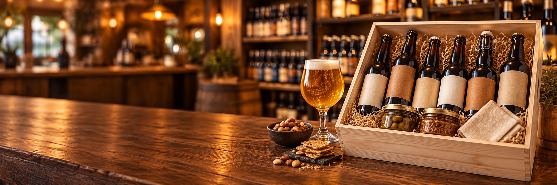Illustration d’un coffret de bières et de produits apéritifs à personnaliser