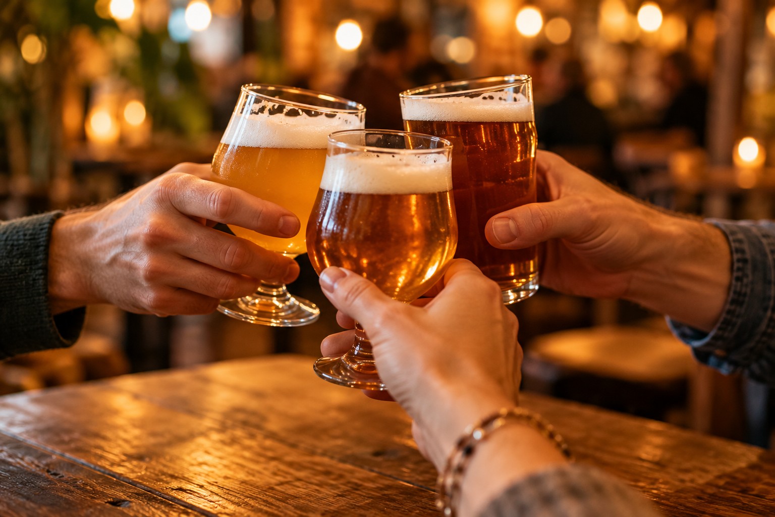 Illustration d’ambiance : trois verres de bière partagés entre adultes